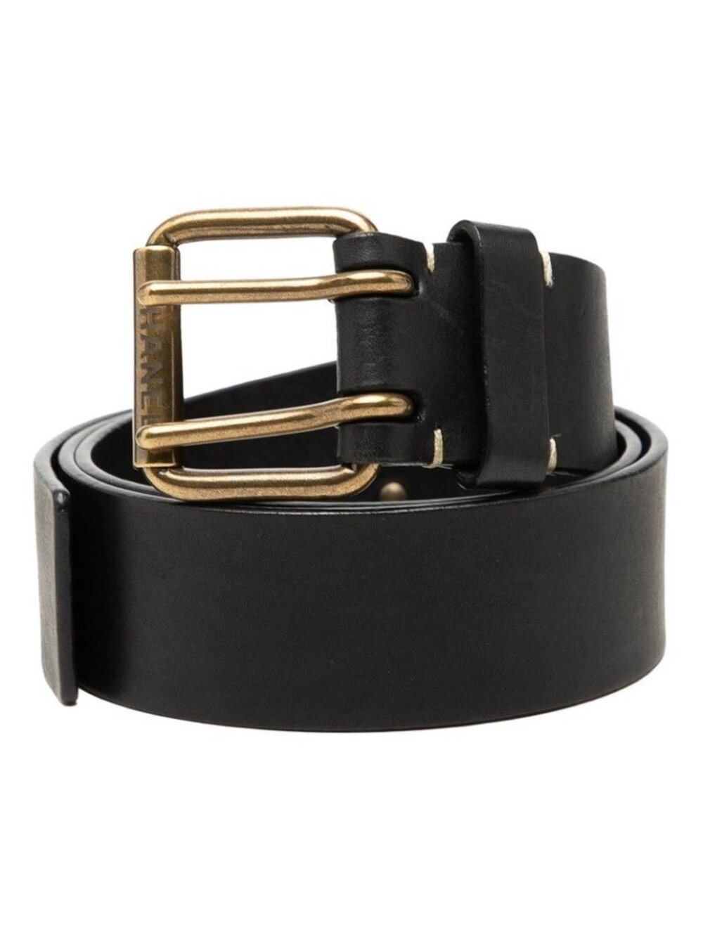 Chanel CC Logo Eyelet Belt 14A Stamp Black Gold Leather
